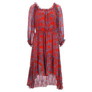 Diane Von Furstenberg Printed Midi Ruffled Dress in Red Silk